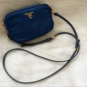Authentic navy blue nylon camera Prada crossbody bag with leather strap